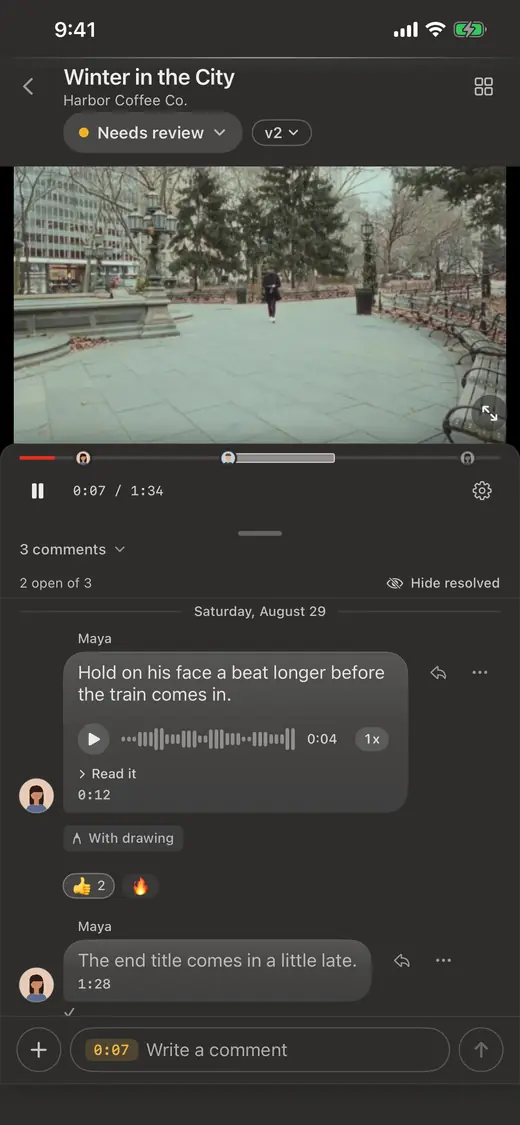 The comment list on a cut, each note with its timecode.